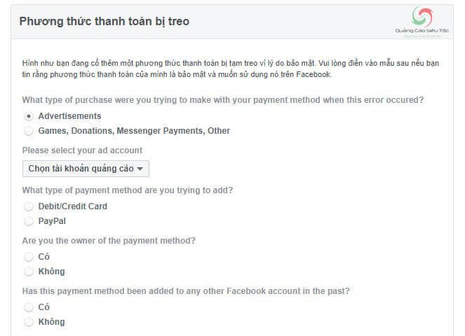 Phương thức thanh toán khi bị facebook từ chối