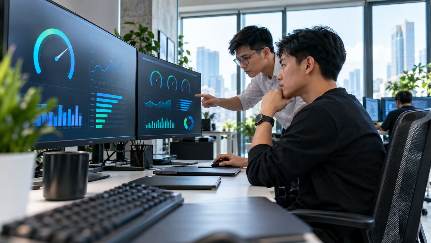 Góc làm việc minh họa chủ đề công ty thiết kế website tốc độ cao