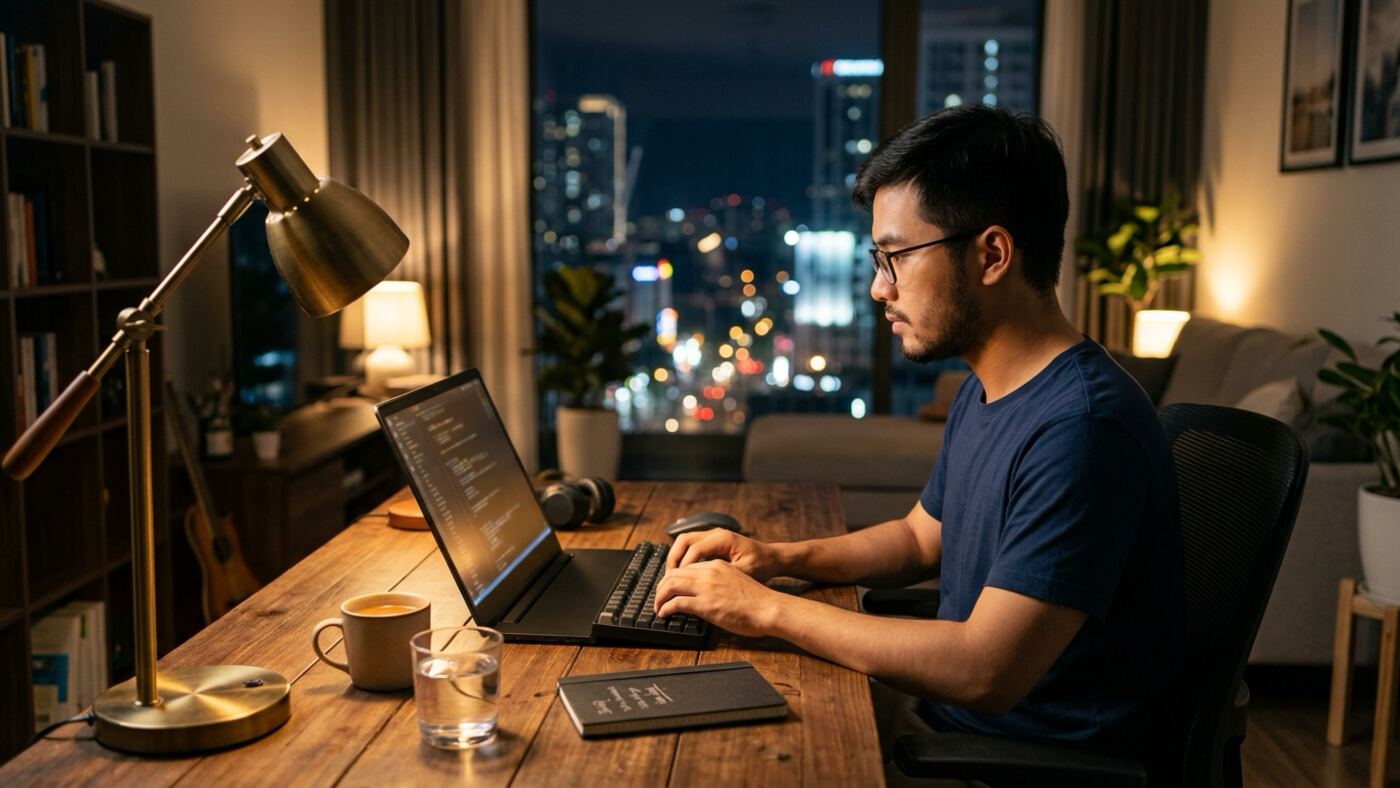 Lập trình viên làm việc ban đêm chuẩn bị deploy website lên VPS